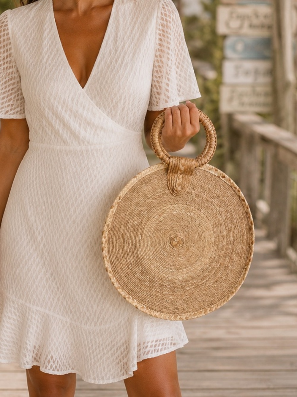 Straw Round Bag Woven Circle Tote Handbag Summer Beach Boho Vacation Coastal